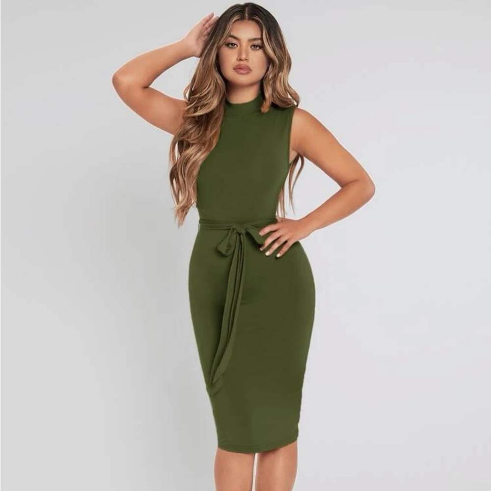SHEIN Mock Neck Belted Bodycon Dress